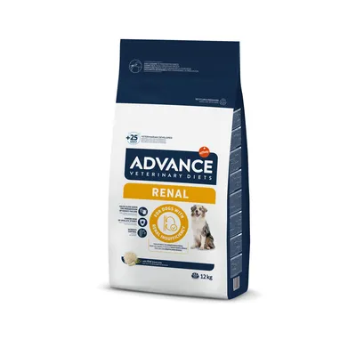 Sac Advance Veterinary Diets Renal, 12 kg, texte visible : For dogs with renal insufficiency, image d’un chien, emballage bleu et blanc.
