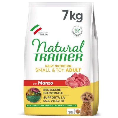 Natural Trainer Daily Nutrition Small & Toy Adult z wołowiną, 7kg. Wspiera witalność i zdrowie jelit. Wyprodukowane we Włoszech z naturalnych składników.