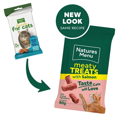Packaging change for Natures Menu meaty treats with salmon, 95% animal ingredients, net weight 50g. New look, same recipe. Taste cats will love.