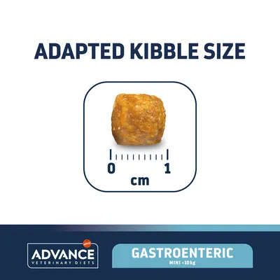 Advance Veterinary Diets Gastroenteric Mini <10 kg táp szemcseméret: kb. 1 cm. Felirat: Adapted Kibble Size.