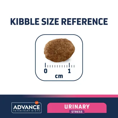 Advance Veterinary Diets Urinary Stress táp szemcseméret-útmutató: 1 cm-es referencia, Kibble Size Reference felirattal