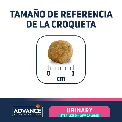 Tamaño de referencia de la croqueta Advance Veterinary Diets Urinary Sterilized Low Calorie: diámetro aproximado 1 cm, mostrado junto a escala métrica.