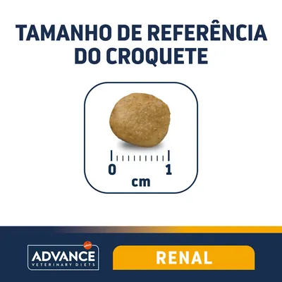 Tamanho de referência do croquete Advance Veterinary Diets Renal, diâmetro aproximado de 1 cm, indicado por régua na imagem.