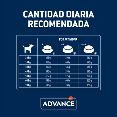 Tabla de cantidad diaria recomendada Advance para perros de 30 a 70 kg según actividad: desde 325 g hasta 965 g. Tres niveles de actividad representados por iconos de cuencos.