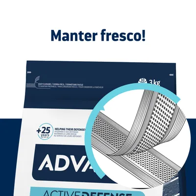 Saco de ração ADVANCE Active Defense 3 kg com fecho fácil. Texto visível: 'Manter fresco!' e '+25 years'. Ilustração ampliada do sistema de fecho para conservar frescura.