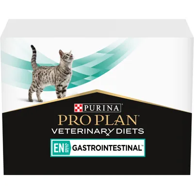 Purina Pro Plan Veterinary Diets EN Gastrointestinal -kissanruokapakkauksen etupuoli, näkyvissä brändinimi ja tuotenimi sekä kuvassa seisova kissa.