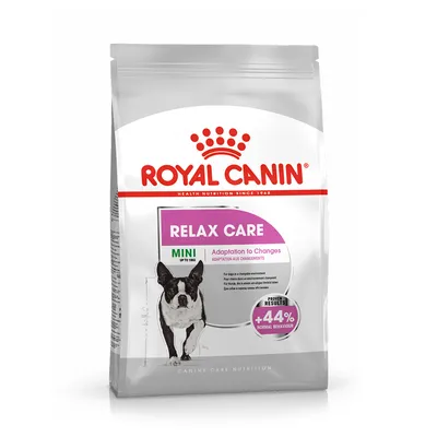 Royal Canin Relax Care Mini, adaptation to changes, proven results plus 44 percent normal behaviour. Product packaging shows a small dog illustration.