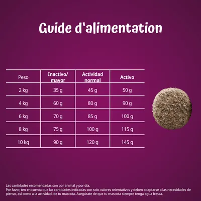 Tabla de guía de alimentación: para 2 kg, inactivo 35 g, normal 45 g, activo 50 g; 4 kg, 60/80/90 g; 6 kg, 70/85/100 g; 8 kg, 75/100/115 g; 10 kg, 90/120/145 g por día.
