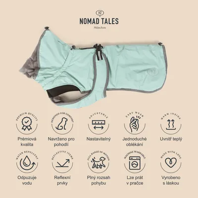 Nomad Tales München, psí obleček. Text: Prémiová kvalita, Navrženo pro pohodlí, Nastavitelný, Jednoduché oblékání, Uvnitř teplý, Odpuzuje vodu, Reflexní prvky, Plný rozsah pohybu, Lze prát v pračce, Vyrobeno s láskou.