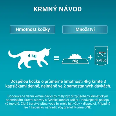 Krmení pro kočku 4 kg: 20 g granulí a 2×85 g Purina ONE kapsiček denně. Doporučení: 3 kapsičky denně, rozdělit do 2 dávek. Možnost nahradit kapsičku 20 g granulemi.