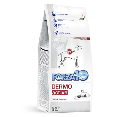 Forza10 Dermo Active Canine Formula torrfoder, 10 kg. Text på engelska: Limited ingredients formula, hydrolyzed protein, antioxidanter. Bild av hund och symboler för egenskaper.