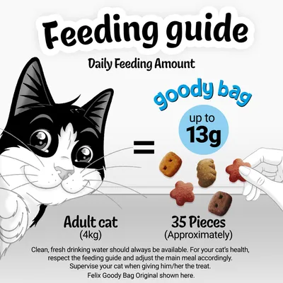 Feeding guide showing an adult cat of 4kg can have up to 13g or about 35 pieces of goody bag treats daily. Always provide fresh water and supervise when giving treats.