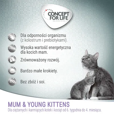 Concept for Life. Dla odporności organizmu, wysoka wartość energetyczna, zrównoważony rozwój, bardzo małe krokiety, bez zbóż i soi. Mum & Young Kittens dla ciężarnych i karmiących kotek i kociąt od 6. tygodnia do 4. miesiąca.