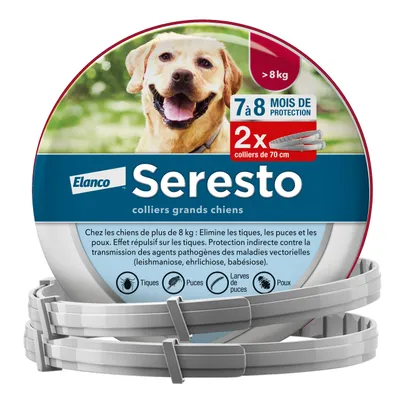Seresto colliers grands chiens Elanco, 2x colliers de 70 cm, >8 kg, 7 à 8 mois de protection contre tiques, puces, larves de puces et poux. Texte visible sur l’emballage inclus.