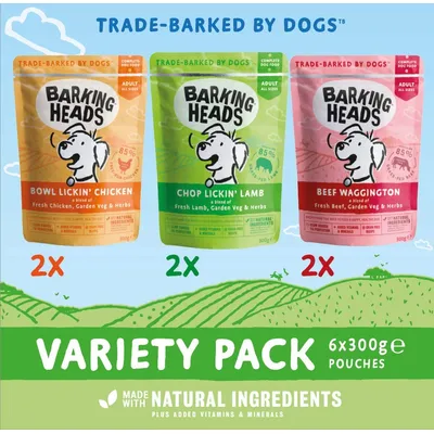 Barking Heads variety pack with 2 Bowl Lickin' Chicken, 2 Chop Lickin' Lamb, and 2 Beef Waggington pouches, each 300g. Made with natural ingredients plus added vitamins and minerals.