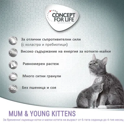 CONCEPT FOR LIFE. За отлични съпротивителни сили, високо съдържание на енергия за котките-майки, равномерен растеж, много ситни гранули, без пшеница и соя. MUM & YOUNG KITTENS.