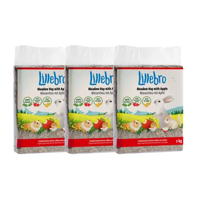 Lillebro Wiesenheu mit Apfel, Ergänzungsfutter für Kaninchen und Nager, 100% natürlich, reich an Ballaststoffen, mit köstlichem Apfel, Packung à 1 kg.