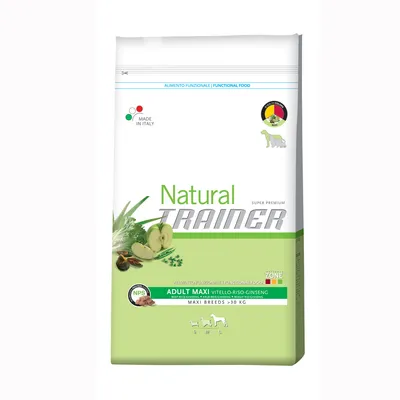 Опаковка Natural Trainer Adult Maxi Vitello-Riso-Ginseng за кучета над 30 кг. Видими текстове: Made in Italy, Functional Food, Maxi Breeds >30 kg.