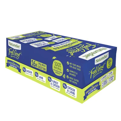 Naturediet Feel Good Favourites Selection Pack, 16x390g wet food meals for adult dogs. Includes chicken, lamb, turkey & chicken, chicken & lamb. 100% natural, wheat gluten free.
