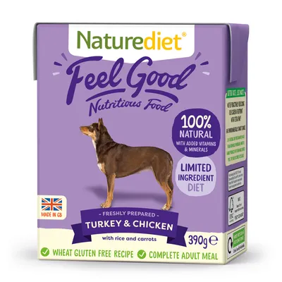 Turkey and chicken meal with rice and carrots, 100% natural with added vitamins and minerals, wheat gluten free, limited ingredient diet, complete adult meal, 390g.