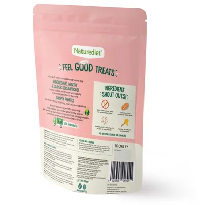 Back of Naturediet Feel Good Treats pack showing ingredient highlights: grain-free recipe, salmon rich in essential fatty acids, linseed for coat health, honey as natural sweetener.