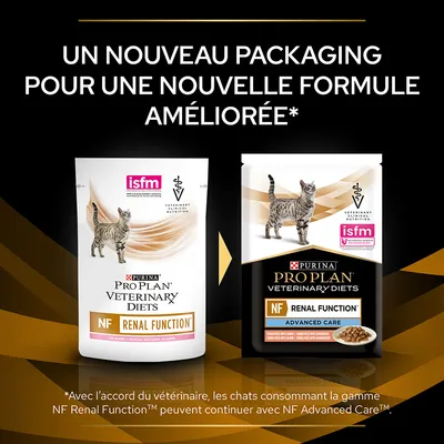 Nouveau packaging pour PURINA PRO PLAN VETERINARY DIETS NF Renal Function, ancienne et nouvelle formule Advanced Care visibles, texte : « Un nouveau packaging pour une nouvelle formule améliorée* »