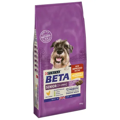 Beta Senior 7+ years with chicken, new improved recipe, no added artificial colours, flavours or preservatives, natural prebiotic for digestive health, 14kg bag.