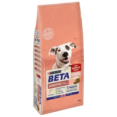 Bag labelled Beta Sensitive with salmon, new improved recipe, no added artificial colours, flavours or preservatives, prebiotic for digestive health, 14kg.