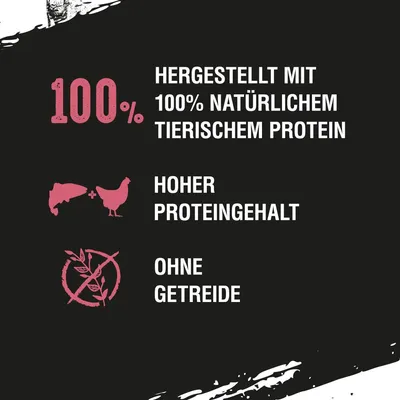 100% natürliches tierisches Protein, hoher Proteingehalt, ohne Getreide.