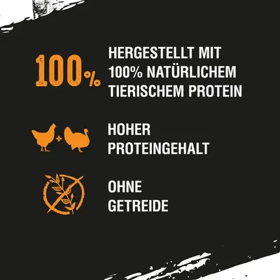 Hergestellt mit 100% natürlichem tierischem Protein, hoher Proteingehalt, ohne Getreide.