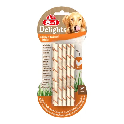 Pack of 8in1 Delights Chicken Twisted Sticks with visible text stating 'Delicious chicken breast inside' and 'Long lasting chewing fun'.