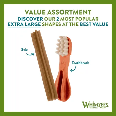 Value assortment featuring two extra large shapes, Stix and Toothbrush, highlighted as the most popular options at the best value. Whimzees Wellness branding shown.