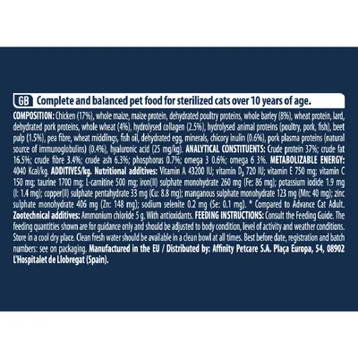 Label showing ingredients, analytical constituents, additives, feeding instructions, and manufacturer details for complete pet food for sterilised cats over 10 years of age.