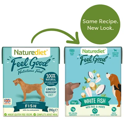 Naturediet Feel Good packaging change: old pack labelled 'Fish with rice and potato', new pack labelled 'White Fish with rice and potato'. Text: Same Recipe. New Look.