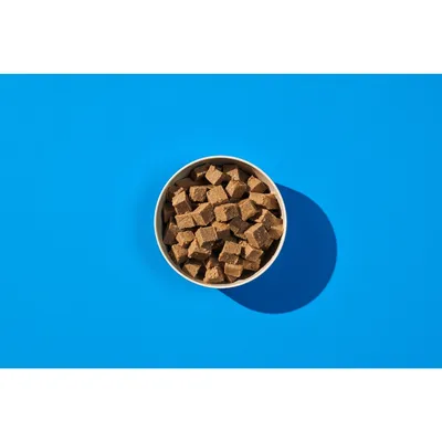 Bowl filled with small brown food cubes, shown from above on a blue background.