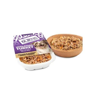 Tray labelled 'Wholesome Turkey with Carrots & Brown Rice, developed by veterinary surgeon John Burns' next to a bowl of the food showing its texture and ingredients.