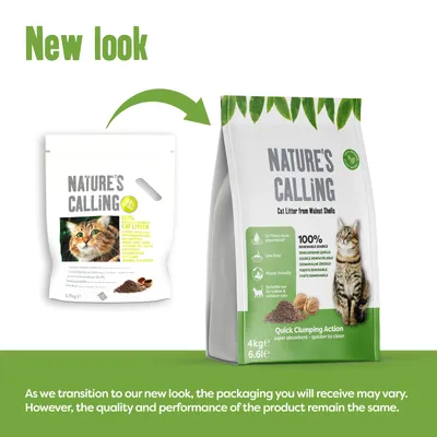 Nature's Calling cat litter packaging changing to new design; product quality and performance remain the same despite updated look.