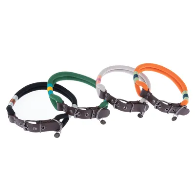 Three dog collars made of rope material in black, green and orange with brown leather details and metal fastenings.