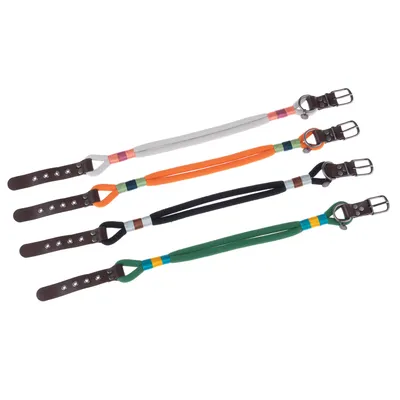 Four dog leads in different colours: grey, orange, black and green, with leather handle and metal carabiner.