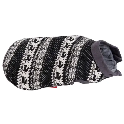 Knitted pet jumper with black and white Nordic pattern, ribbed collar and armholes, shown from the side to display design and fit.