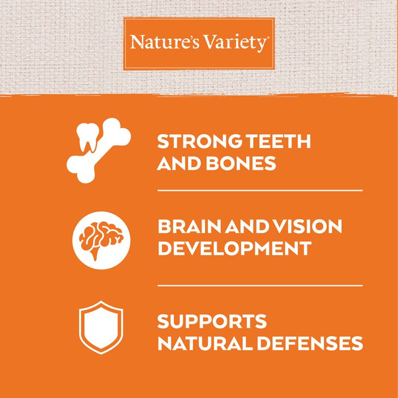 Nature’s Variety. Strong teeth and bones, brain and vision development, supports natural defenses. Text v angličtine.