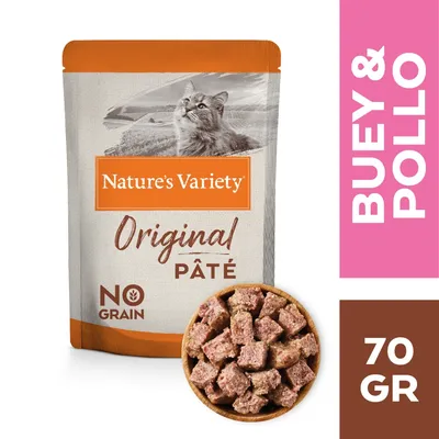 Nature's Variety Original Paté NO GRAIN, buey y pollo, 70 gr. Imagen del envase y trozos de paté en un bol pequeño.