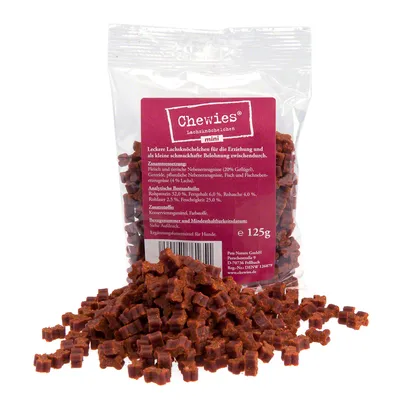 Chewies mini лакомства за кучета, 125 г. Видими съставки: месо и животински продукти, риба (4 % сьомга), зърнени храни. Анализ: протеин 32 %, мазнини 6 %, пепел 4 %, влага 25 %.