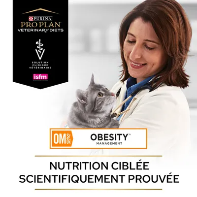 Purina Pro Plan Veterinary Diets, Solution Clinique Vétérinaire, ISFM, OM St/Ox Obesity Management, Nutrition ciblée scientifiquement prouvée. Texte en français visible sur l’image.