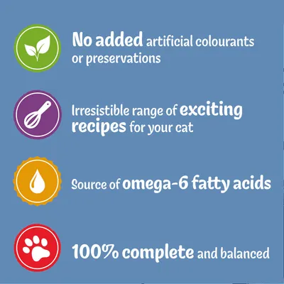 No added artificial colourants or preservatives, exciting recipes for your cat, source of omega-6 fatty acids, 100% complete and balanced.