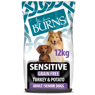 12kg bag labelled Sensitive, grain free, turkey and potato, adult and senior dogs