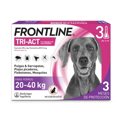 Frontline Tri-Act solución Spot-On para perros 20-40 kg. Protección contra pulgas, garrapatas, mosquitos. No apto para gatos. Protección 3 meses. Boehringer Ingelheim.
