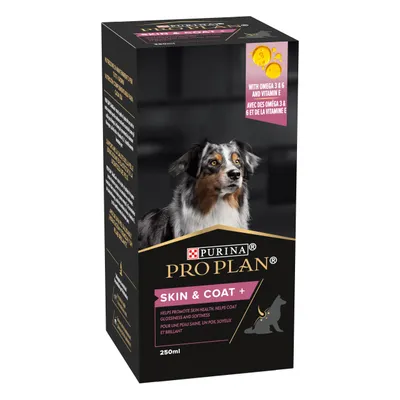Purina Pro Plan Skin & Coat+ 250ml box with dog image, text: 'With Omega 3 & 6 and Vitamin E', 'Helps promote skin health, helps coat glossiness and softness'.