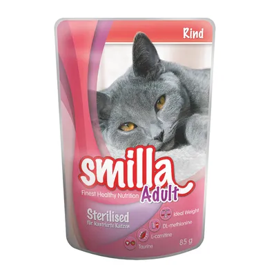 Plic hrană pentru pisici smilla Adult, Rind, 85 g. Text vizibil: Sterilised für kastrierte Katzen, Ideal Weight, DL-methionine, L-carnitine, Taurine.