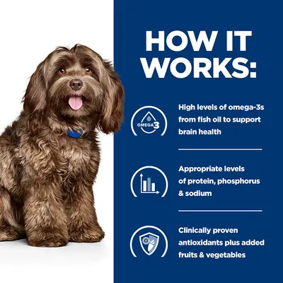 Tekst na engleskom: High levels of omega-3s from fish oil to support brain health, appropriate levels of protein, phosphorus & sodium, clinically proven antioxidants plus added fruits & vegetables.